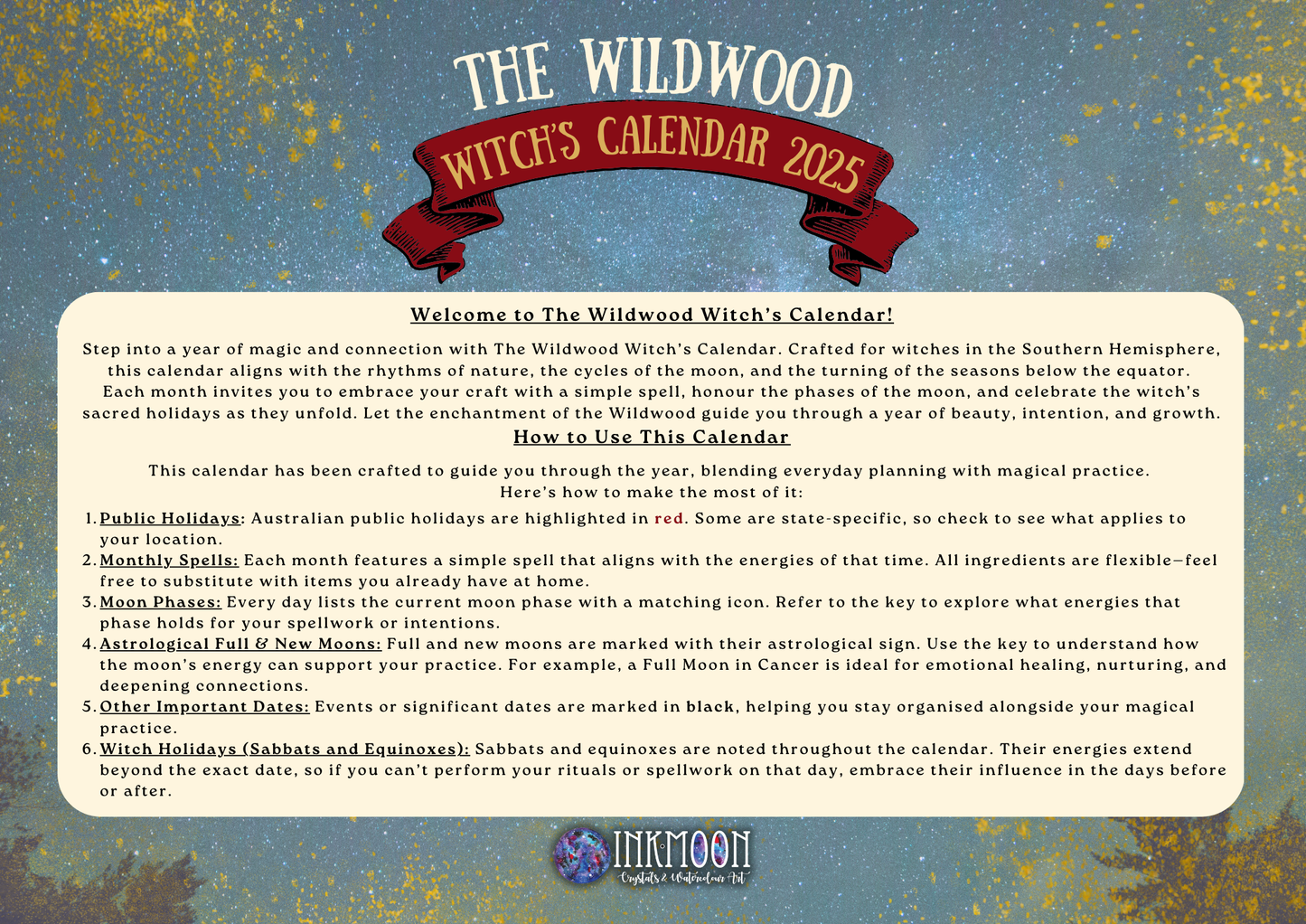 The Wildwood Witches Calendar 2025 PRINTABLE