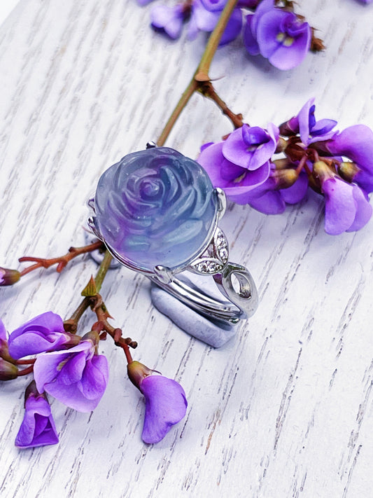 Rainbow Fluorite Rose Carved Ring