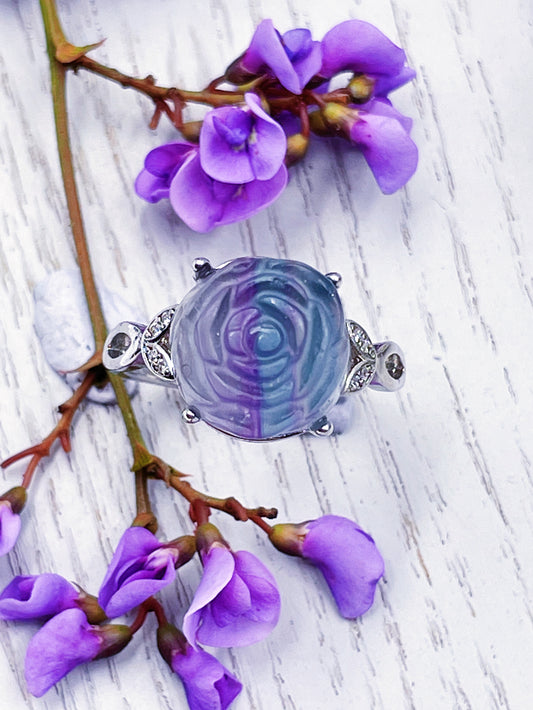 Rainbow Fluorite Rose Carved Ring